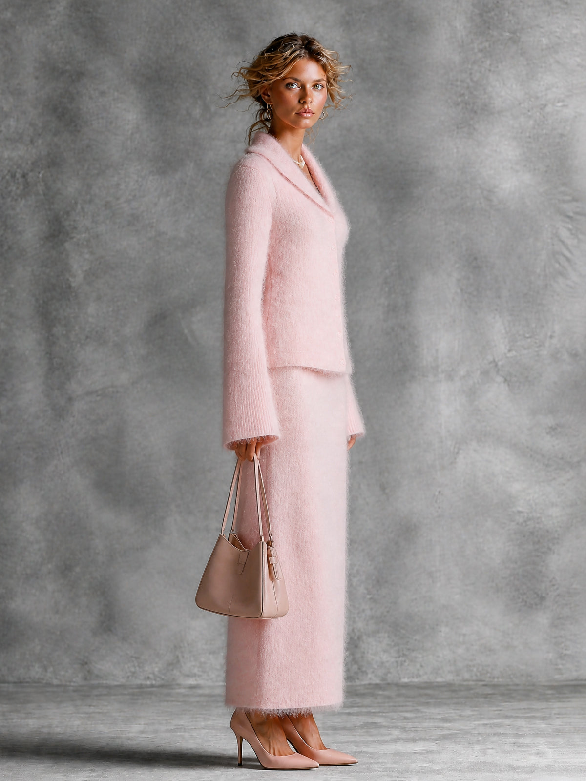 Chic Elegant Pink Shawl-Collar Long-Flare-Sleeve Single-Breasted Cardigan Straight Maxi Skirt Soft Warm Mohair Knit Two-Piece Set