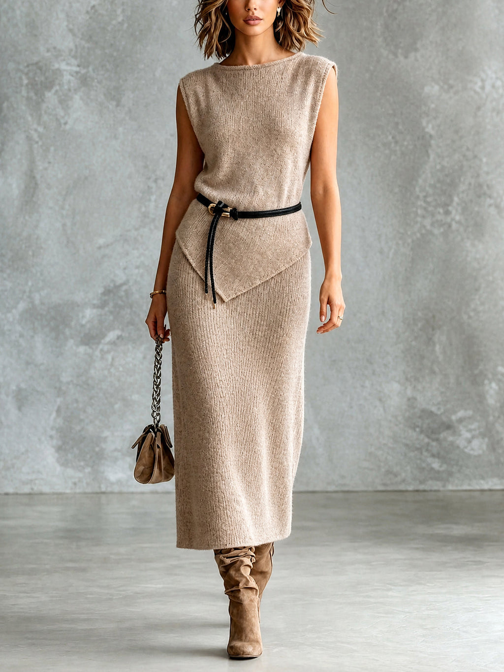 Chic Elegant Light Brown Boat-Neck Sleeveless Belted Slim-Fit Vest Straight Midi Skirt Soft Knit Two-Piece Set