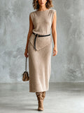 Chic Elegant Light Brown Boat-Neck Sleeveless Belted Slim-Fit Vest Straight Midi Skirt Soft Knit Two-Piece Set