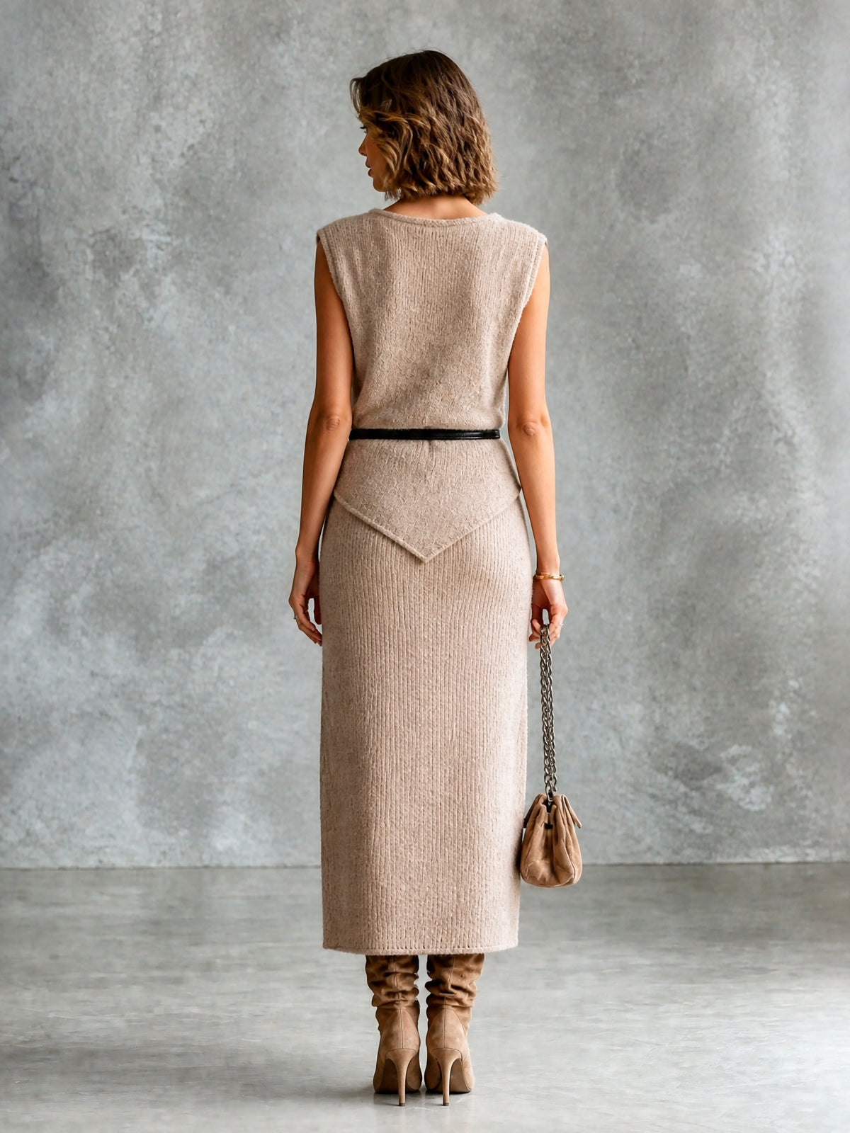 Chic Elegant Light Brown Boat-Neck Sleeveless Belted Slim-Fit Vest Straight Midi Skirt Soft Knit Two-Piece Set
