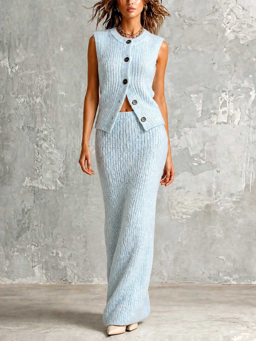 Chic Elegant Light Blue Round-Neck Sleeveless Single-Breasted Vest Elastic-Waist Straight Maxi Skirt Soft Ribbed Knit Two-Piece Set