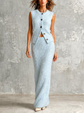 Chic Elegant Light Blue Round-Neck Sleeveless Single-Breasted Vest Elastic-Waist Straight Maxi Skirt Soft Ribbed Knit Two-Piece Set