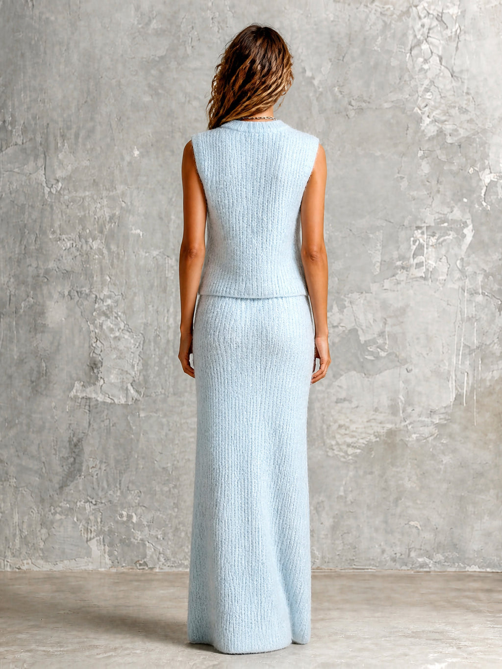 Chic Elegant Light Blue Round-Neck Sleeveless Single-Breasted Vest Elastic-Waist Straight Maxi Skirt Soft Ribbed Knit Two-Piece Set