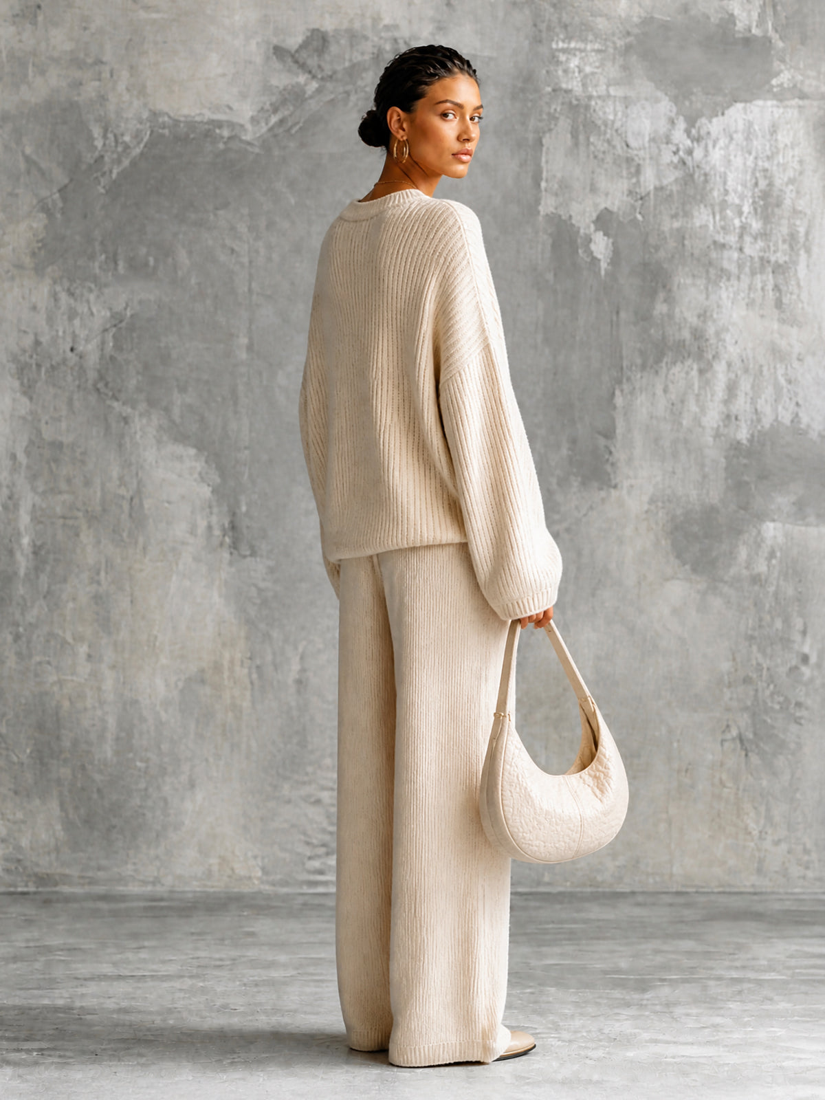 Chic Elegant Beige V-Neck Long-Sleeve Oversize Sweater Elastic-Waist Straight Pants Wool Cotton Blend Knit Two-Piece Set