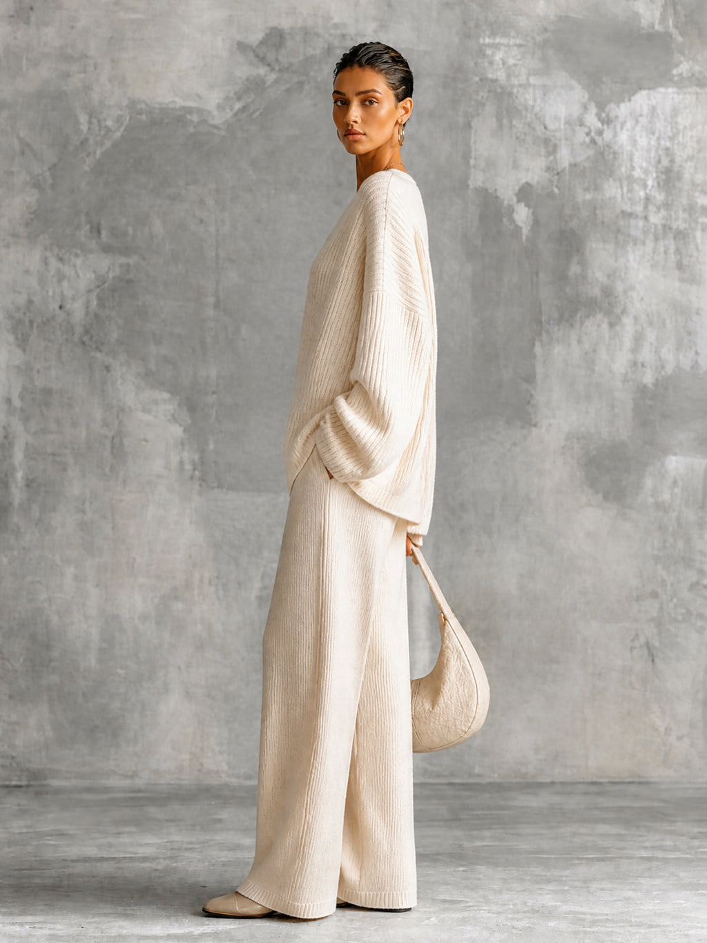 Chic Elegant Beige V-Neck Long-Sleeve Oversize Sweater Elastic-Waist Straight Pants Wool Cotton Blend Knit Two-Piece Set