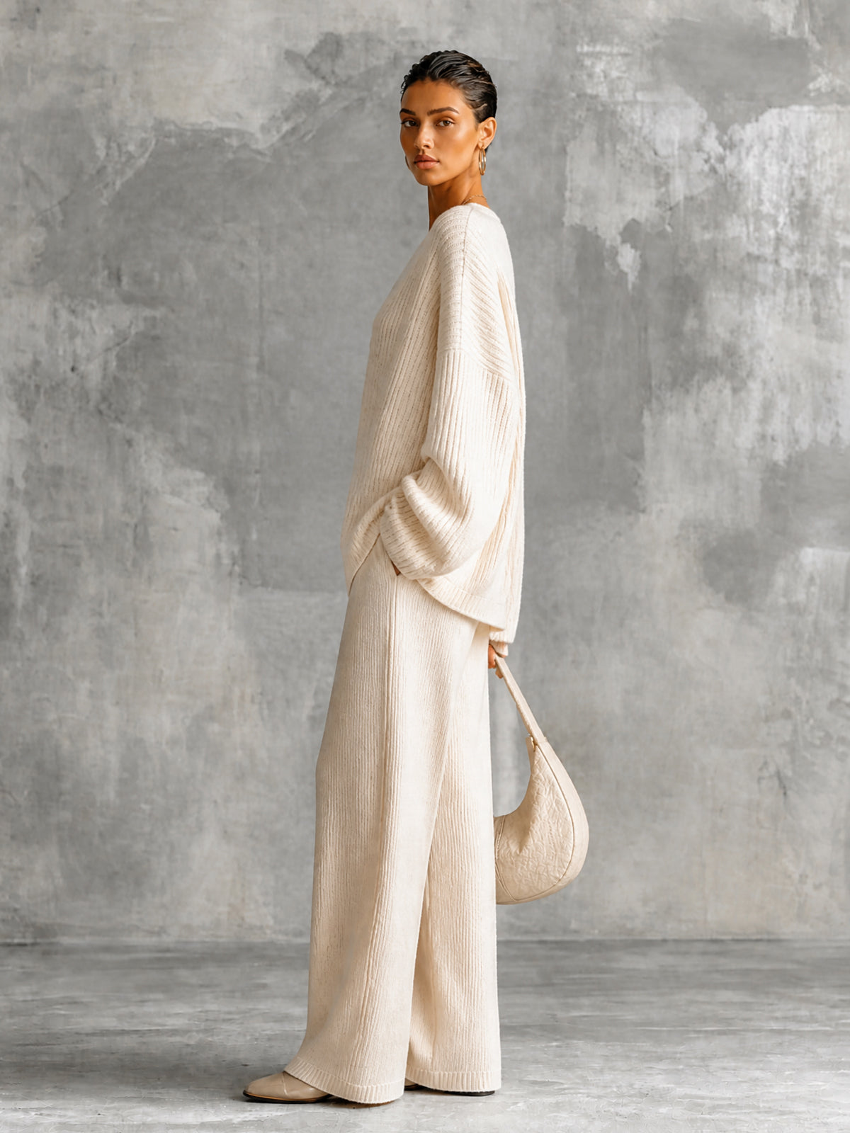 Chic Elegant Beige V-Neck Long-Sleeve Oversize Sweater Elastic-Waist Straight Pants Wool Cotton Blend Knit Two-Piece Set