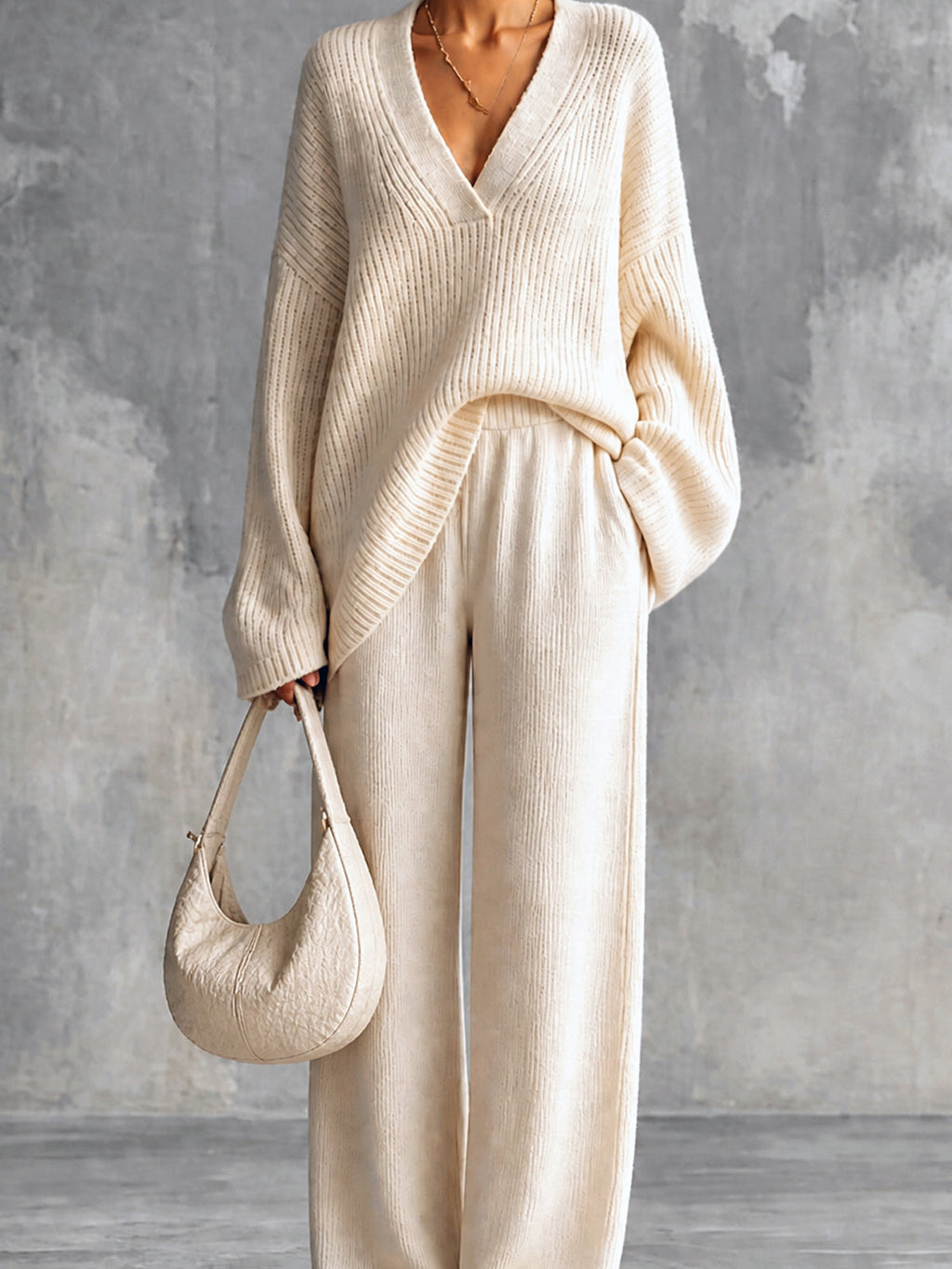 Chic Elegant Beige V-Neck Long-Sleeve Oversize Sweater Elastic-Waist Straight Pants Wool Cotton Blend Knit Two-Piece Set