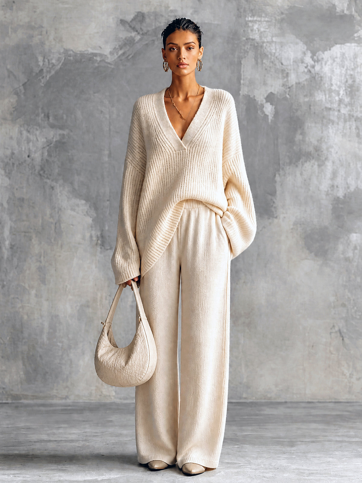 Chic Elegant Beige V-Neck Long-Sleeve Oversize Sweater Elastic-Waist Straight Pants Wool Cotton Blend Knit Two-Piece Set