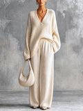 Chic Elegant Beige V-Neck Long-Sleeve Oversize Sweater Elastic-Waist Straight Pants Wool Cotton Blend Knit Two-Piece Set
