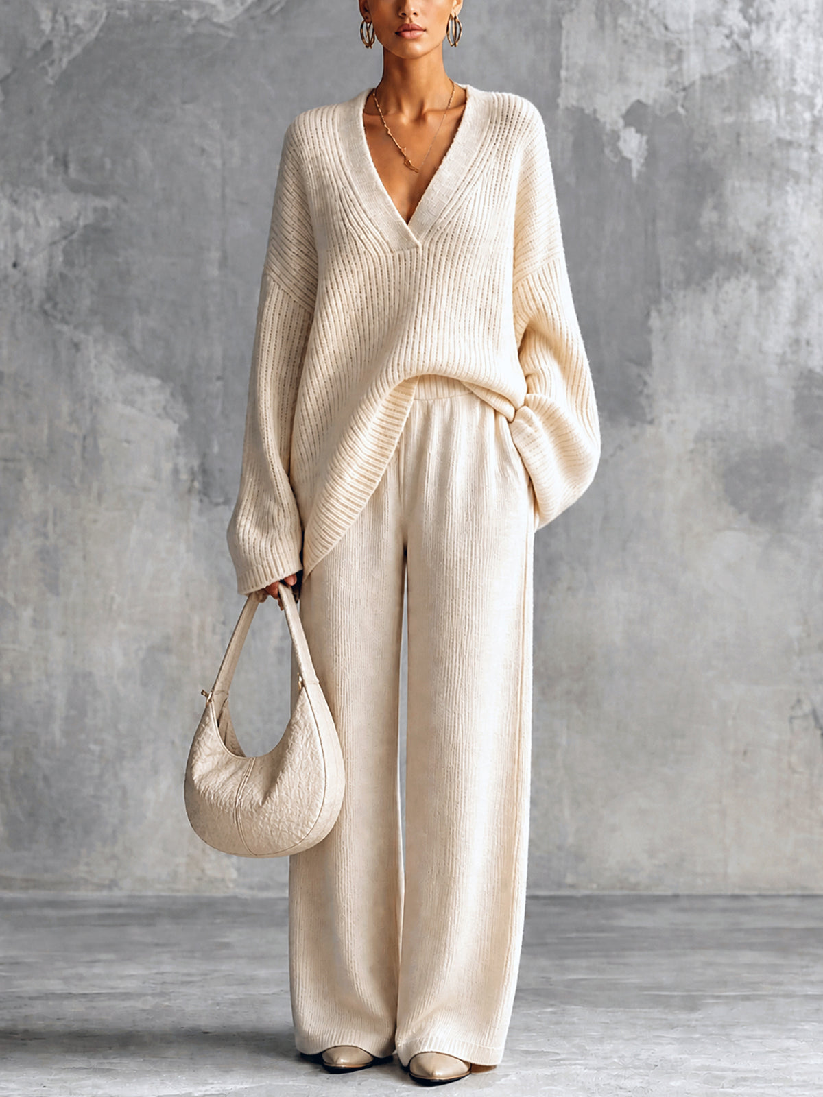 Chic Elegant Beige V-Neck Long-Sleeve Oversize Sweater Elastic-Waist Straight Pants Wool Cotton Blend Knit Two-Piece Set