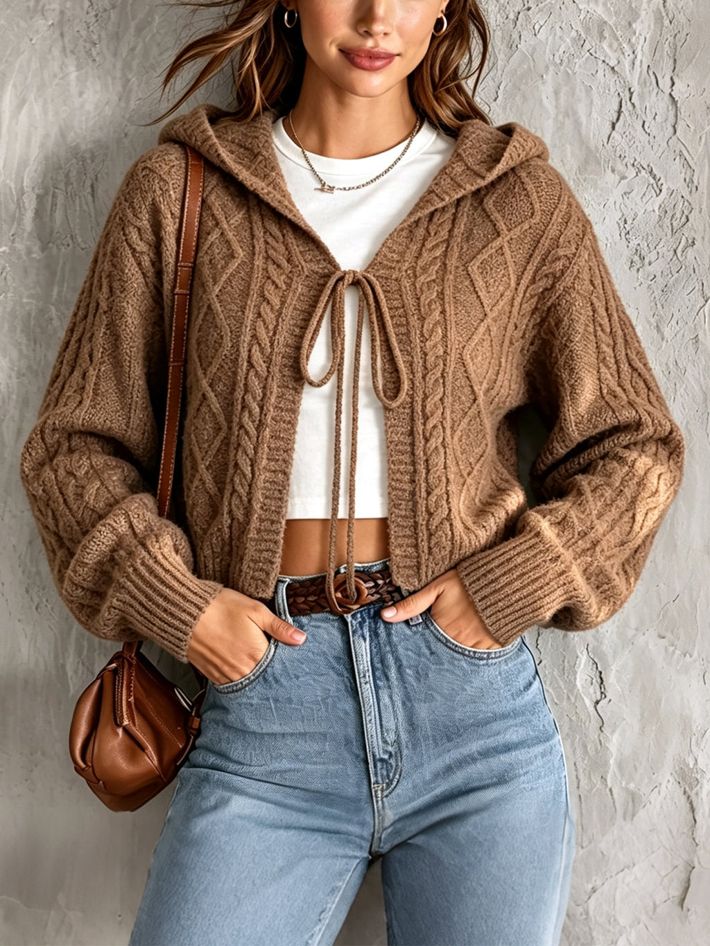 Chic Elegant Brown Hooded-Collar Long-Sleeve Open-Front Tie Detail Soft Cable-Knit Cropped Cardigan Top