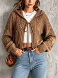 Chic Elegant Brown Hooded-Collar Long-Sleeve Open-Front Tie Detail Soft Cable-Knit Cropped Cardigan Top