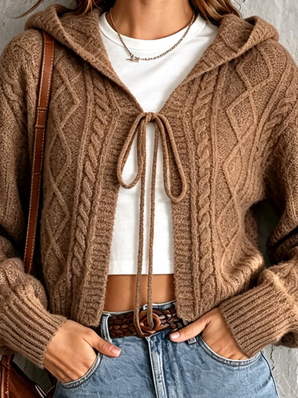 Chic Elegant Brown Hooded-Collar Long-Sleeve Open-Front Tie Detail Soft Cable-Knit Cropped Cardigan Top