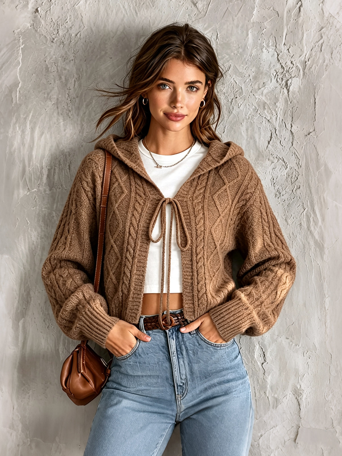 Chic Elegant Brown Hooded-Collar Long-Sleeve Open-Front Tie Detail Soft Cable-Knit Cropped Cardigan Top