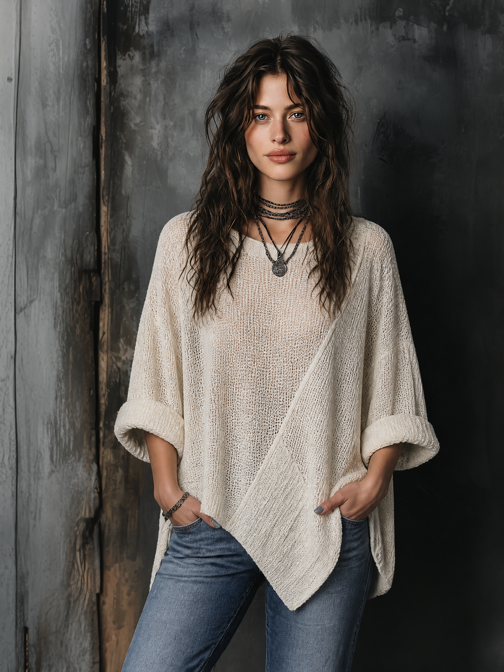 Chic Casual Off-White Round-Neck Dropped Shoulder Long Sleeves Asymmetric Hem Loose-Fit Knit Sweater Top