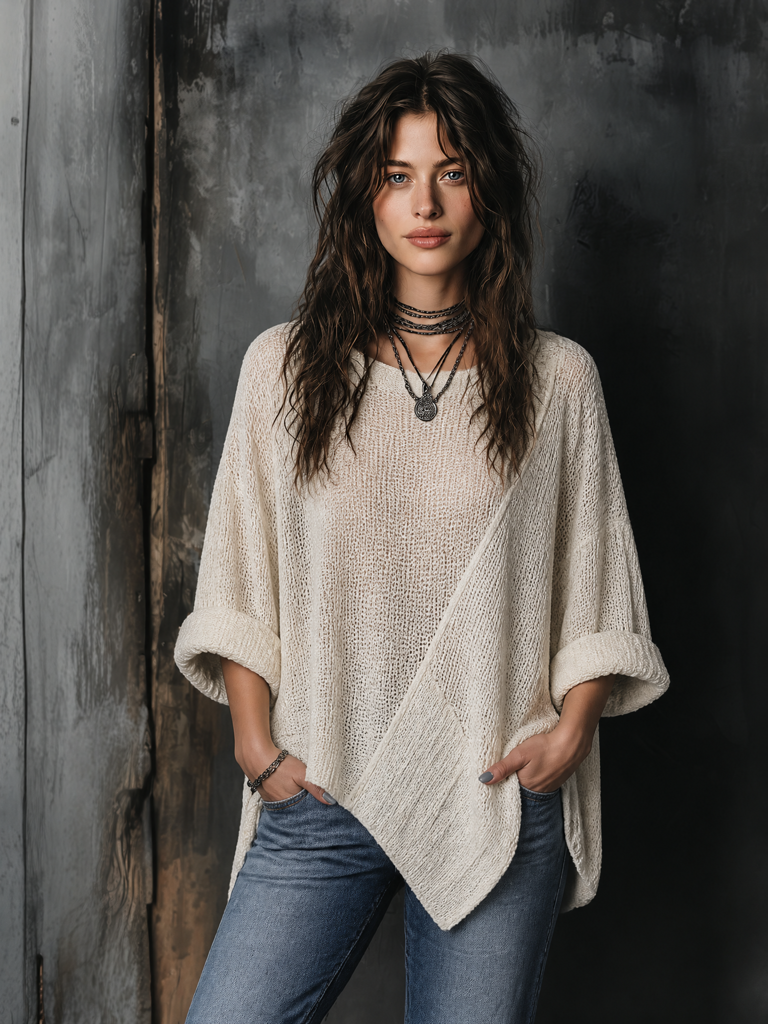 Chic Casual Off-White Round-Neck Dropped Shoulder Long Sleeves Asymmetric Hem Loose-Fit Knit Sweater Top