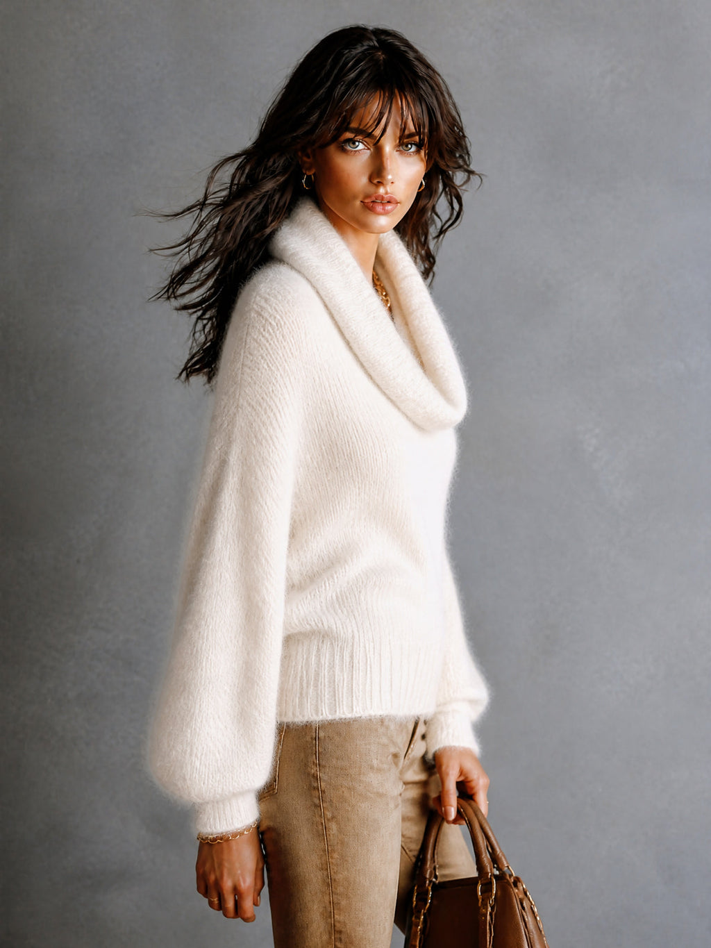 Chic Elegant Cream White Cowl-Neck Dropped Shoulder Long-Sleeve Loose-Fit Mohair Blend Soft Knit Sweater