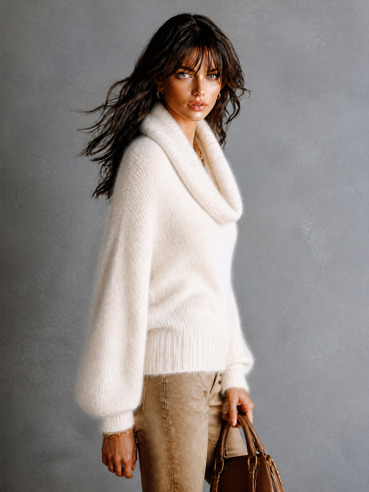 Chic Elegant Cream White Cowl-Neck Dropped Shoulder Long-Sleeve Loose-Fit Mohair Blend Soft Knit Sweater