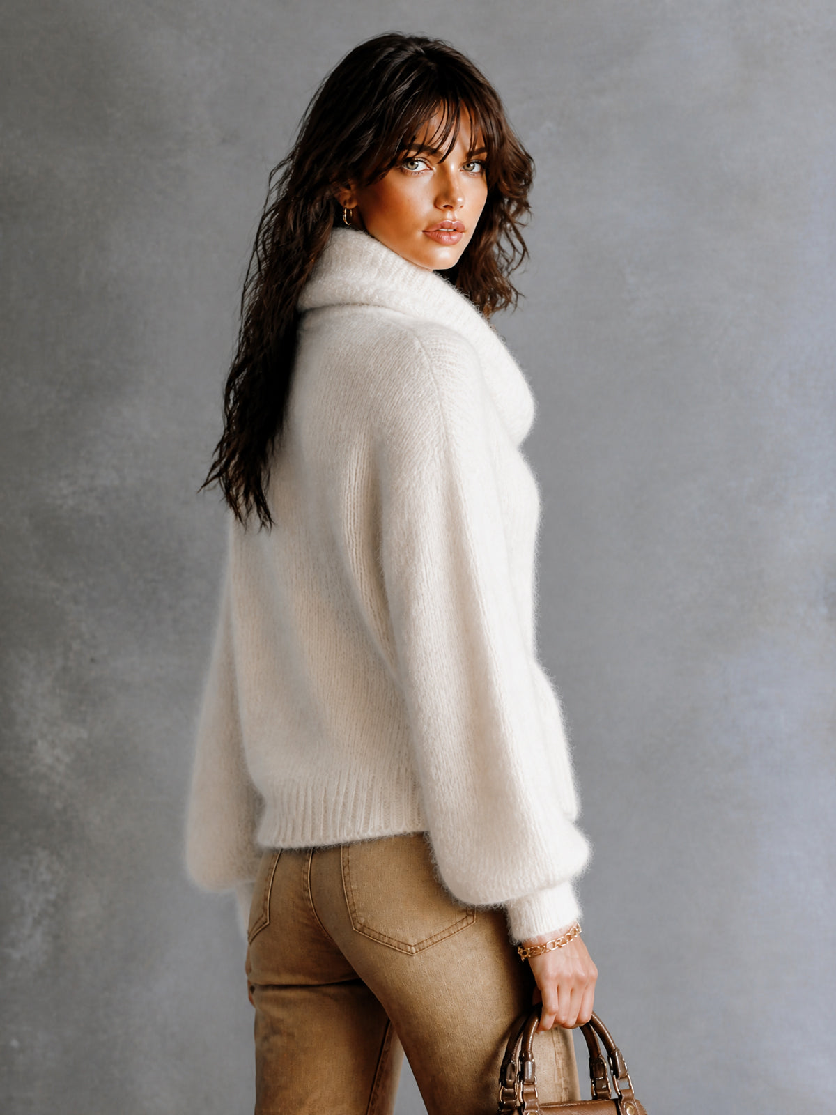 Chic Elegant Cream White Cowl-Neck Dropped Shoulder Long-Sleeve Loose-Fit Mohair Blend Soft Knit Sweater
