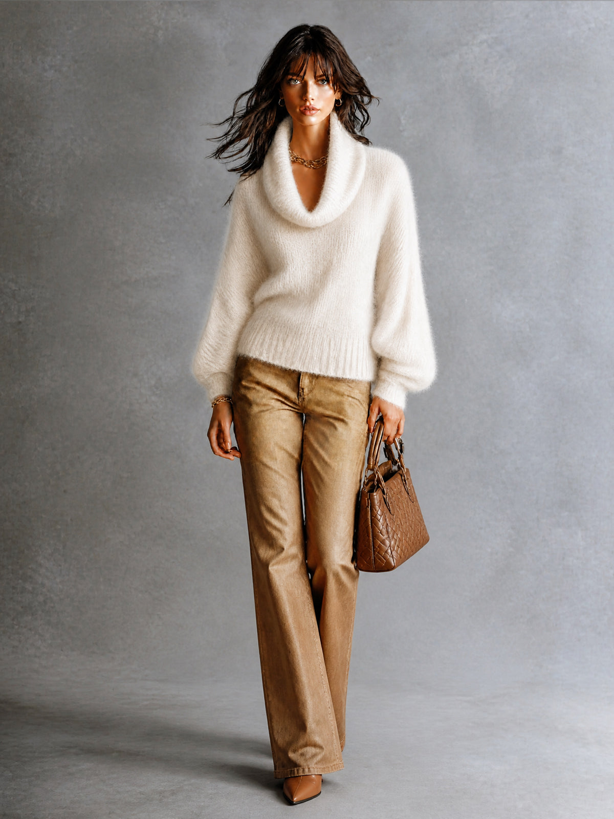 Chic Elegant Cream White Cowl-Neck Dropped Shoulder Long-Sleeve Loose-Fit Mohair Blend Soft Knit Sweater