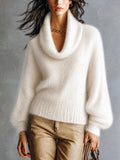 Chic Elegant Cream White Cowl-Neck Dropped Shoulder Long-Sleeve Loose-Fit Mohair Blend Soft Knit Sweater