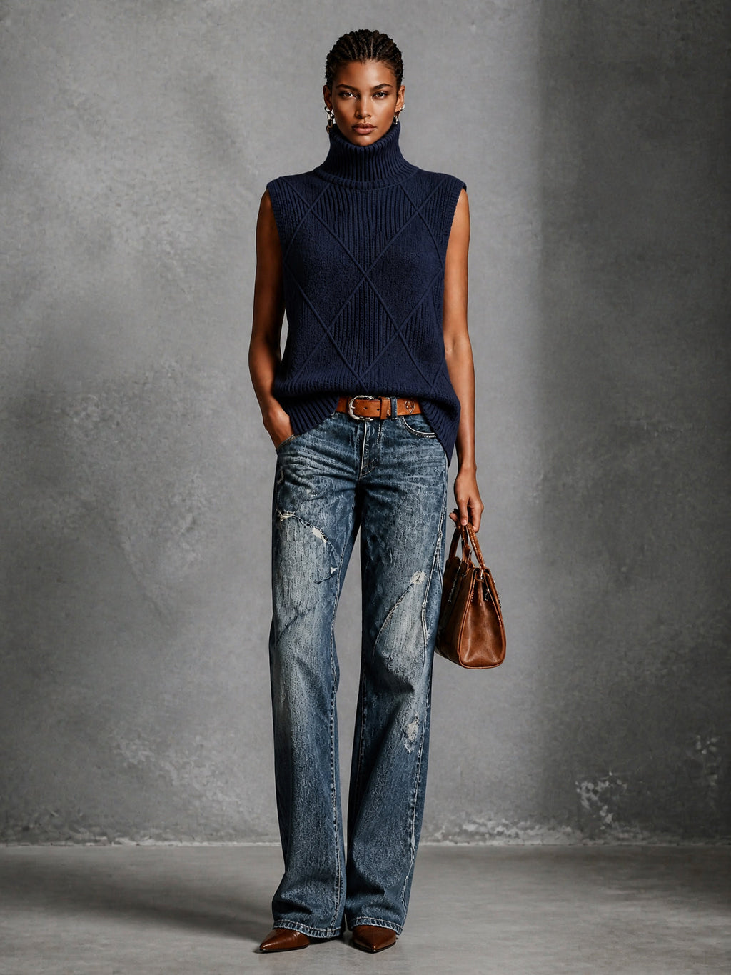 Chic Elegant Navy Blue Turtleneck Sleeveless Argyle Jacquard Loose-Fit Cotton Knit Vest Top