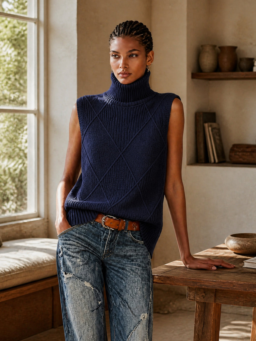 Chic Elegant Navy Blue Turtleneck Sleeveless Argyle Jacquard Loose-Fit Cotton Knit Vest Top