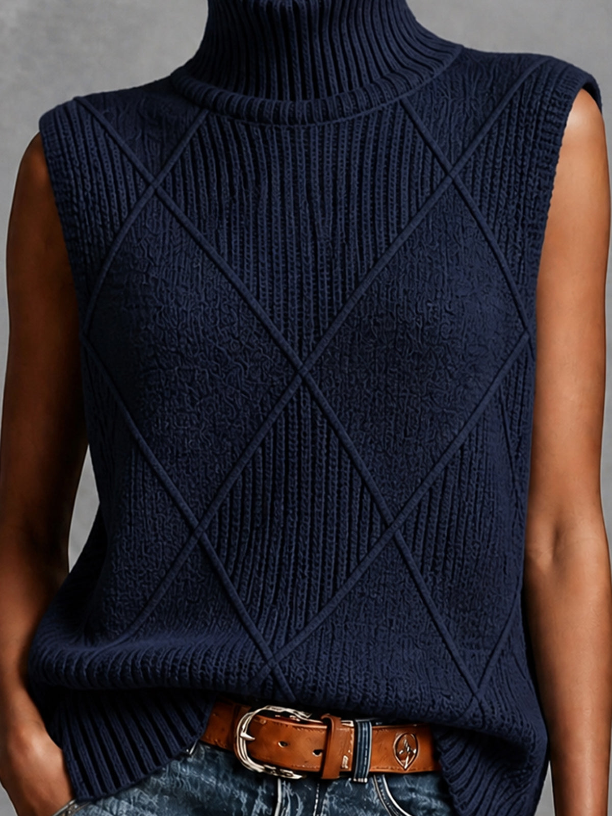 Chic Elegant Navy Blue Turtleneck Sleeveless Argyle Jacquard Loose-Fit Cotton Knit Vest Top
