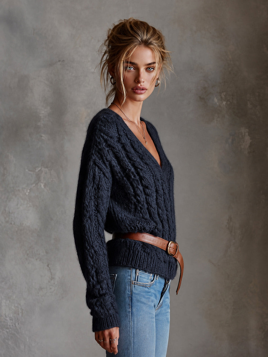 Chic Elegant Navy Blue V-Neck Dropped-Shoulder Long-Sleeve Belted Loose-Fit Soft Warm Cable-Knit Sweater