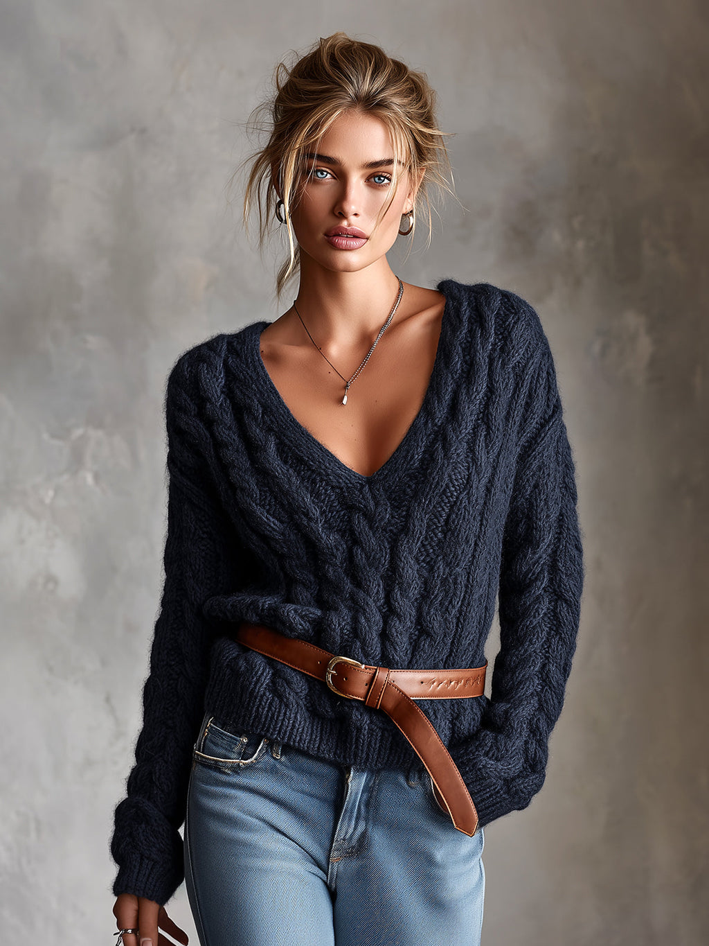 Chic Elegant Navy Blue V-Neck Dropped-Shoulder Long-Sleeve Belted Loose-Fit Soft Warm Cable-Knit Sweater