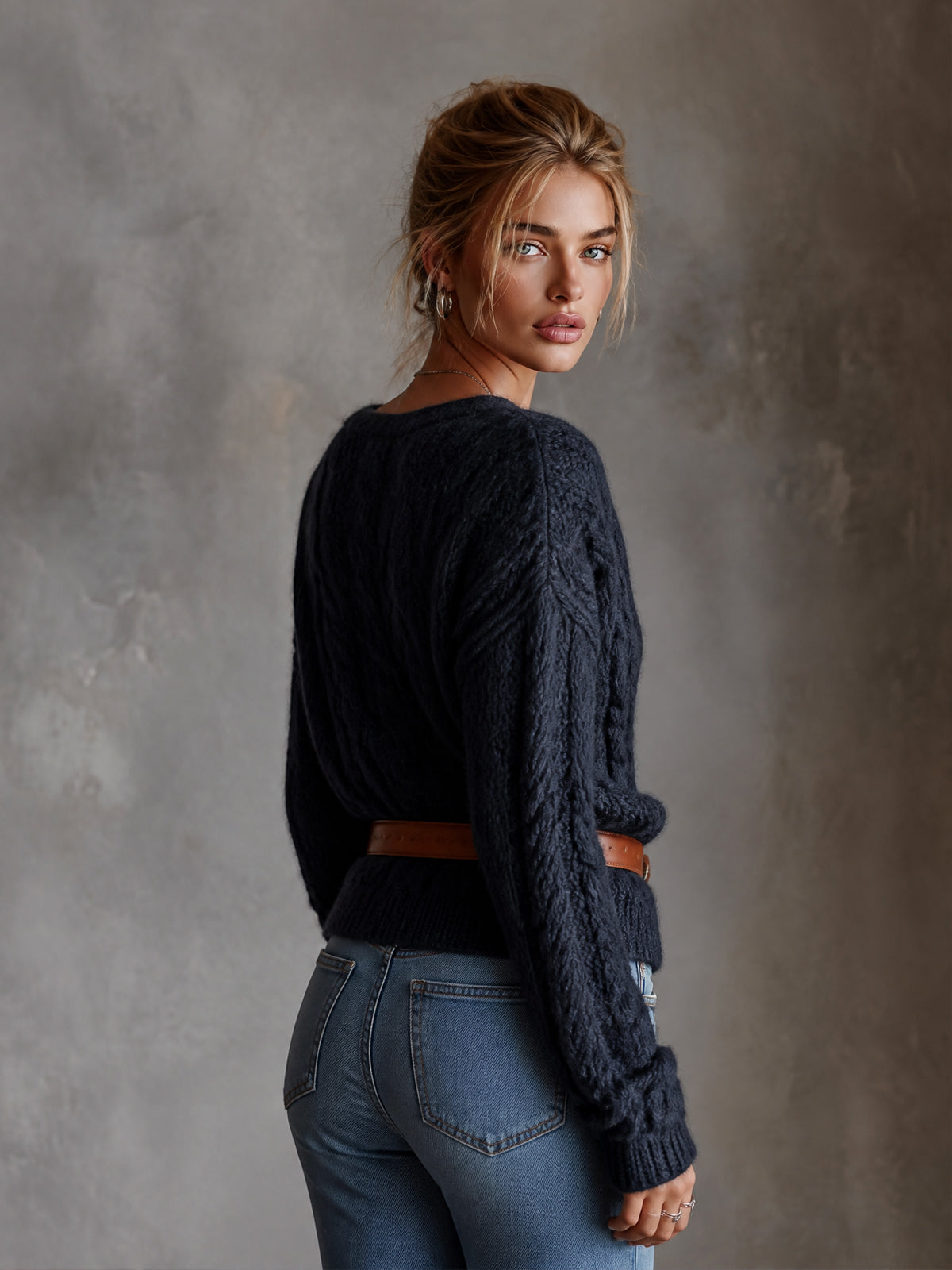 Chic Elegant Navy Blue V-Neck Dropped-Shoulder Long-Sleeve Belted Loose-Fit Soft Warm Cable-Knit Sweater