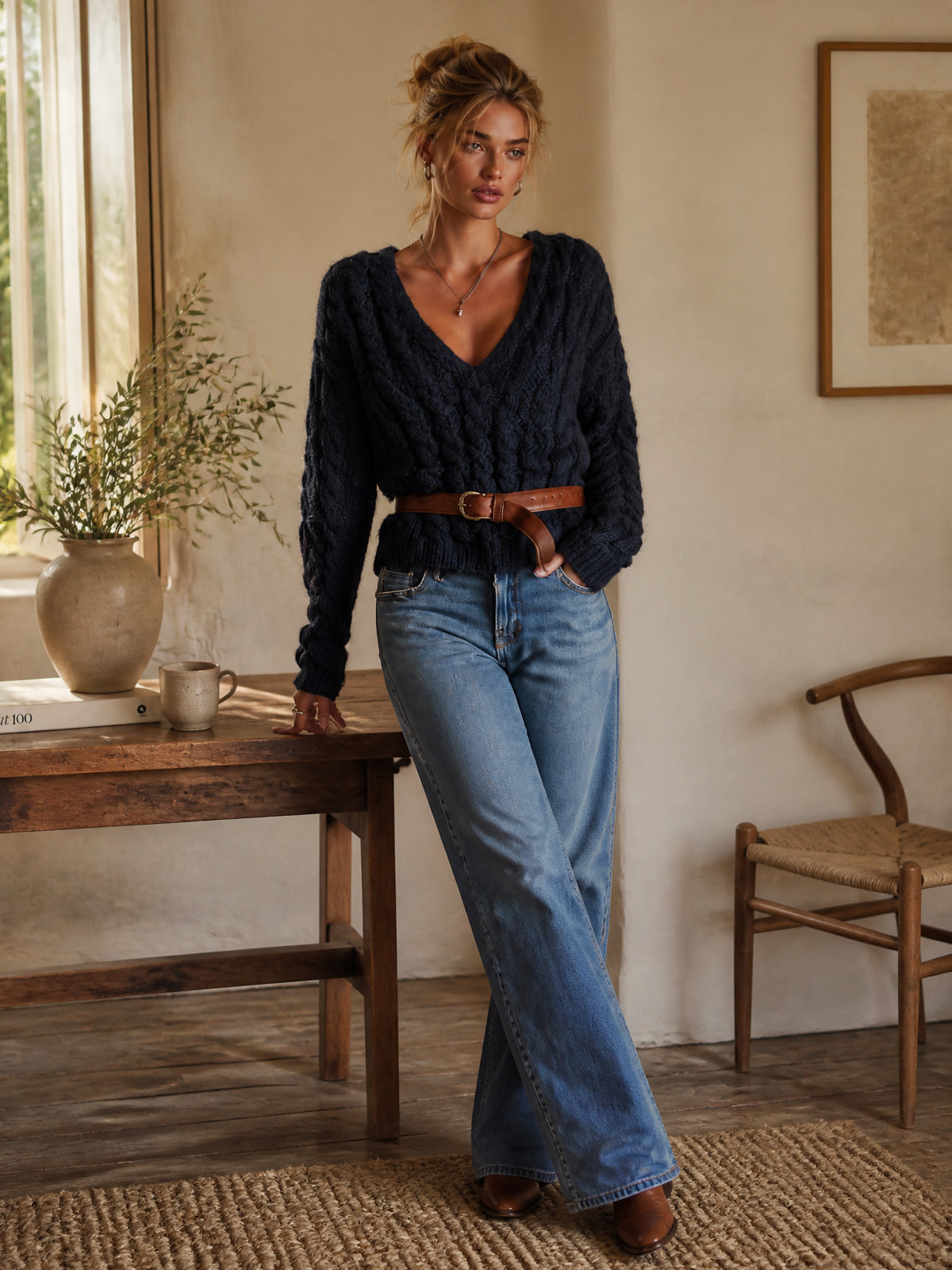 Chic Elegant Navy Blue V-Neck Dropped-Shoulder Long-Sleeve Belted Loose-Fit Soft Warm Cable-Knit Sweater