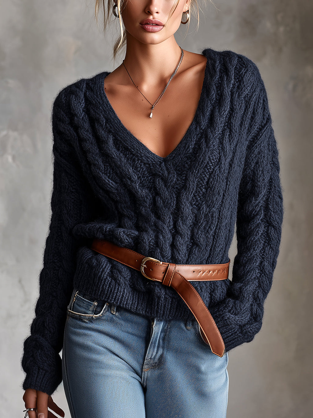 Chic Elegant Navy Blue V-Neck Dropped-Shoulder Long-Sleeve Belted Loose-Fit Soft Warm Cable-Knit Sweater