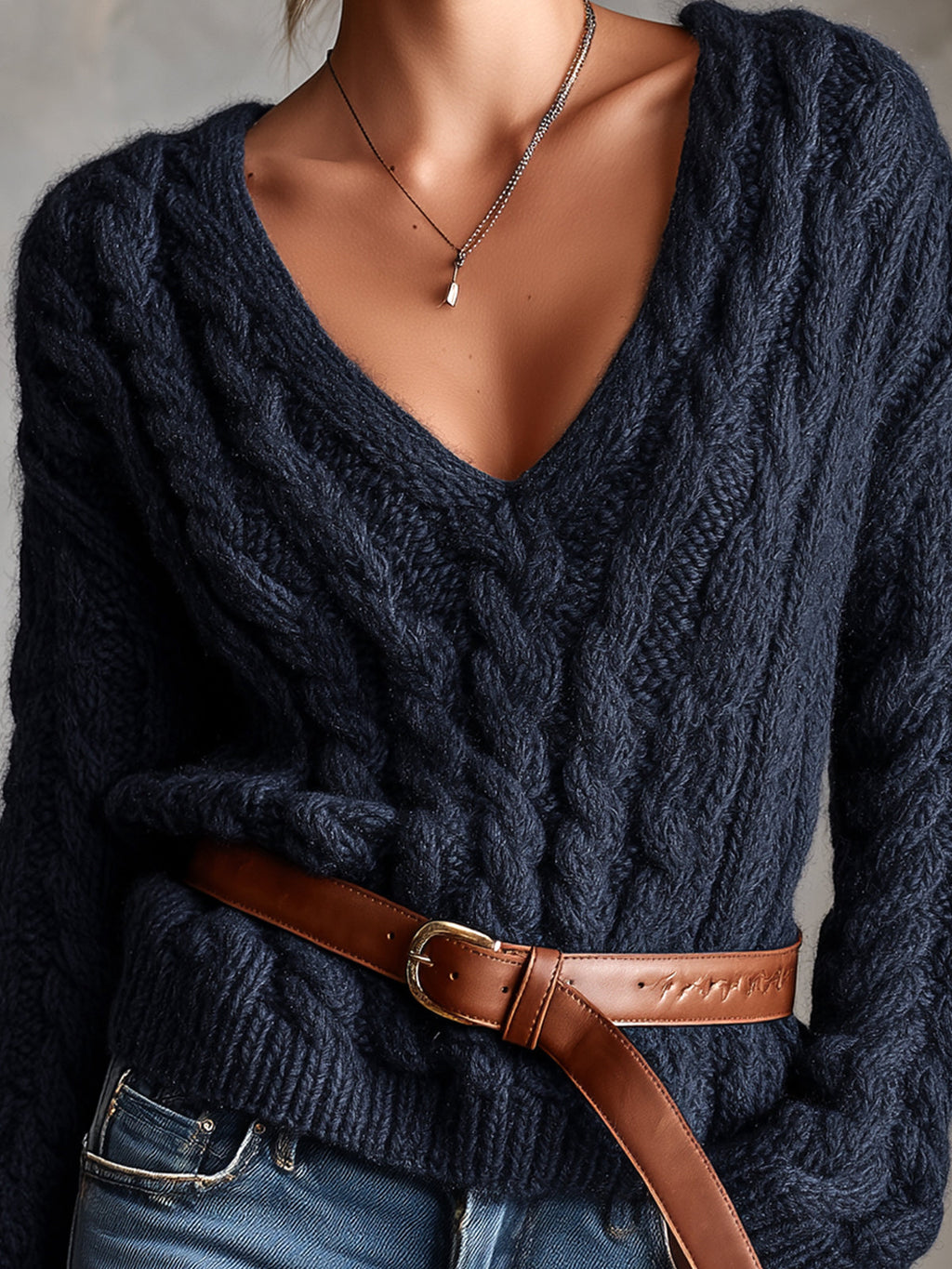 Chic Elegant Navy Blue V-Neck Dropped-Shoulder Long-Sleeve Belted Loose-Fit Soft Warm Cable-Knit Sweater