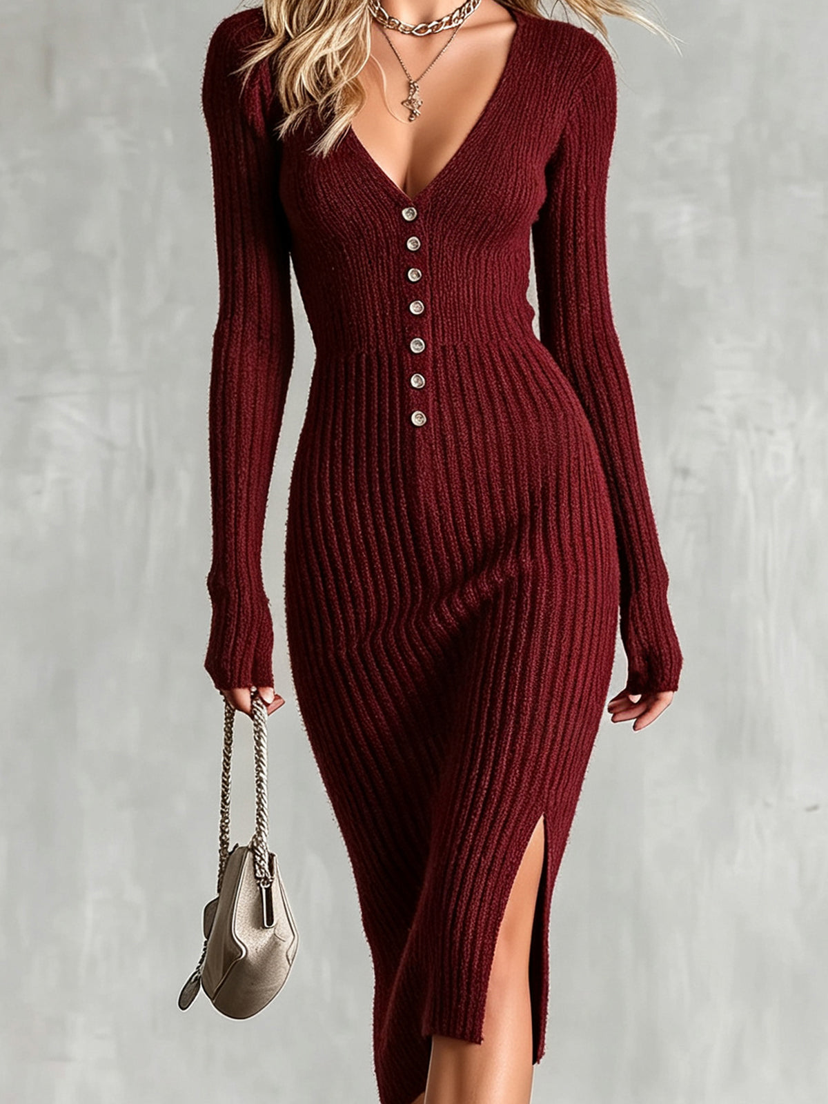 Chic Elegant Burgundy Deep V-Neck Long-Sleeve Button-Front Side-Slit Detail Slim-Fit Ribbed Knit Midi Dress