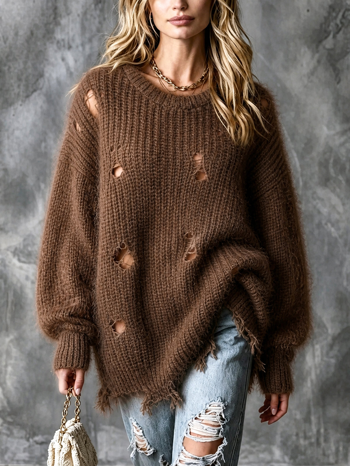 Chic Elegant Brown Round-Collar Dropped-Shoulder Long-Lantern-Sleeve Ripped Raw Edge Detail Loose-Fit Fuzzy Knit Sweater