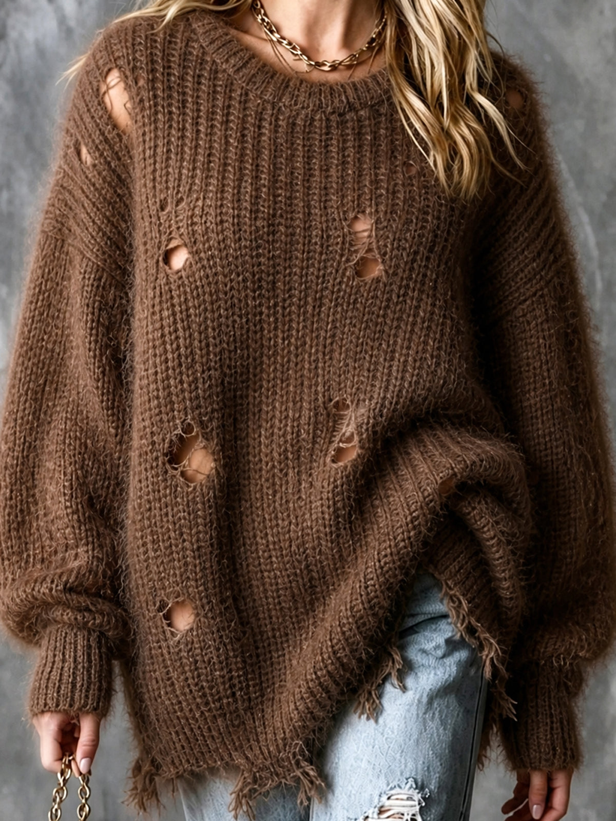 Chic Elegant Brown Round-Collar Dropped-Shoulder Long-Lantern-Sleeve Ripped Raw Edge Detail Loose-Fit Fuzzy Knit Sweater