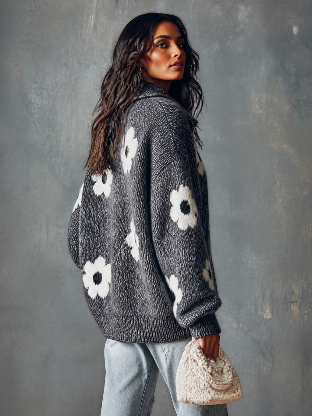 Chic Elegant Gray Button-Up Lapel-Collar Dropped-Shoulder Long-Sleeve Flower Jacquard Loose-Fit Soft Knit Sweater