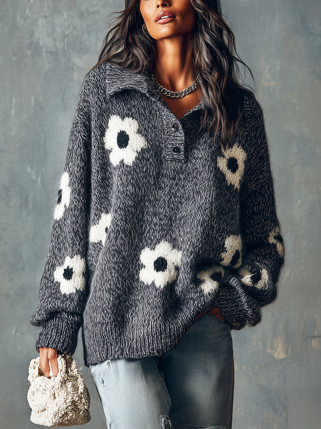 Chic Elegant Gray Button-Up Lapel-Collar Dropped-Shoulder Long-Sleeve Flower Jacquard Loose-Fit Soft Knit Sweater