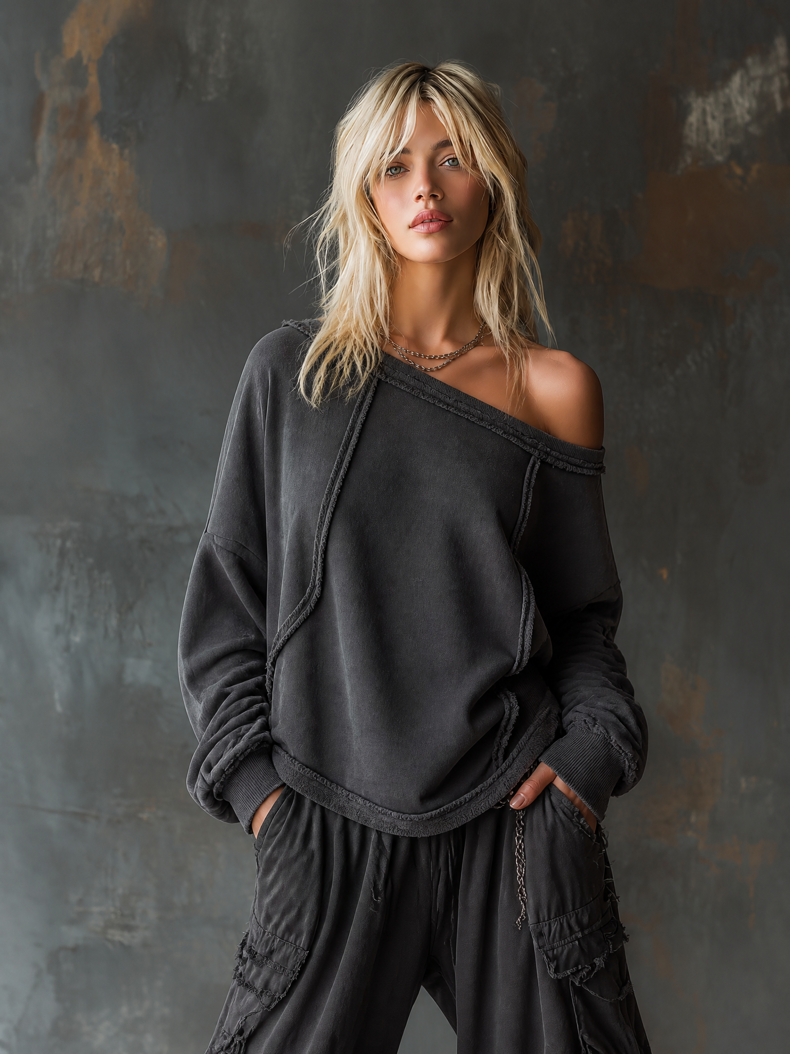 Chic Casual Charcoal Grey Off‑Shoulder Frayed Edge Dropped Shoulder Long Sleeve Loose-Fit French Terry Sweatshirt