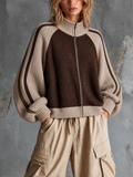 Chic Casual Brown-Beige Colorblock Mock-Neck Raglan Long-Sleeve Zipper-Placket Loose-Fit Knit Cardigan Top
