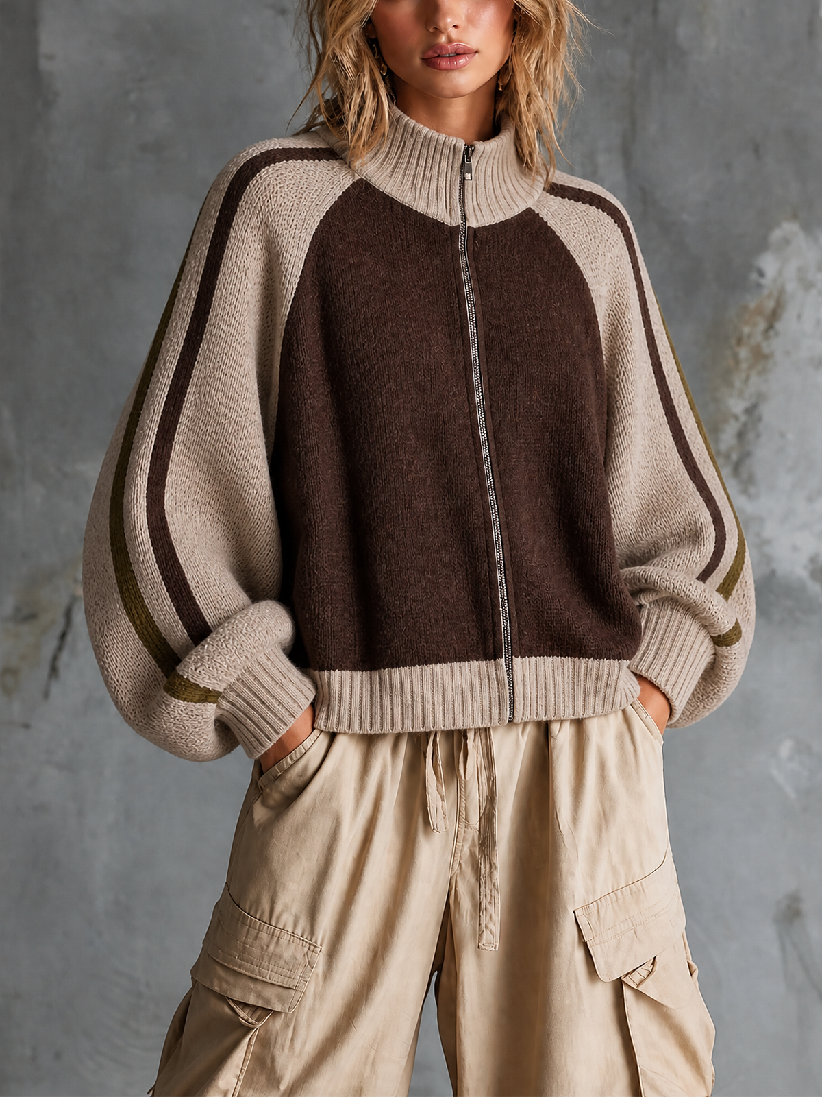 Chic Casual Brown-Beige Colorblock Mock-Neck Raglan Long-Sleeve Zipper-Placket Loose-Fit Knit Cardigan Top