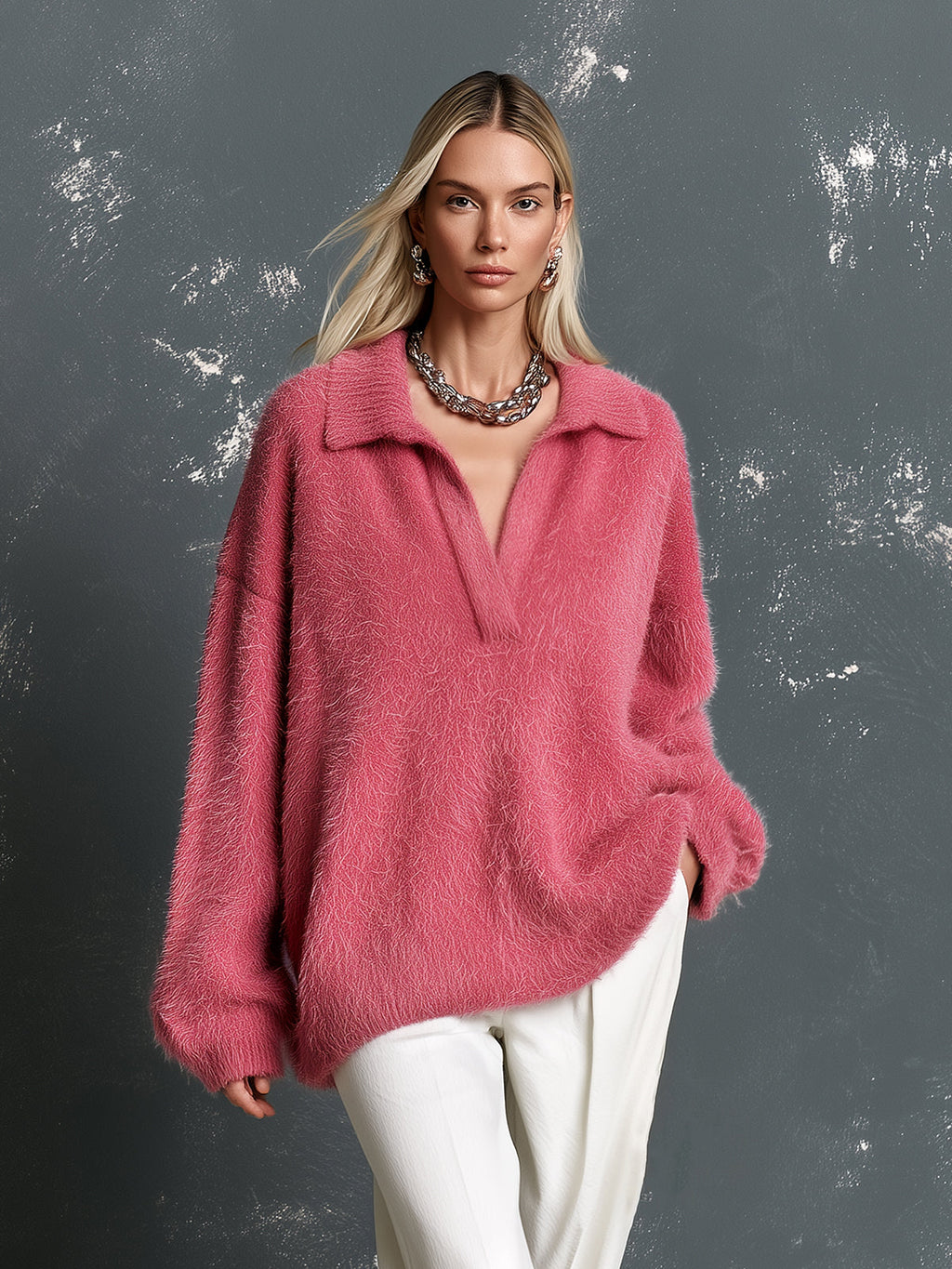 Chic Casual Hot Pink Lapel V-Neck Dropped-Shoulder Long-Sleeve Loose-Fit Soft Fuzzy Knit Polo Sweater