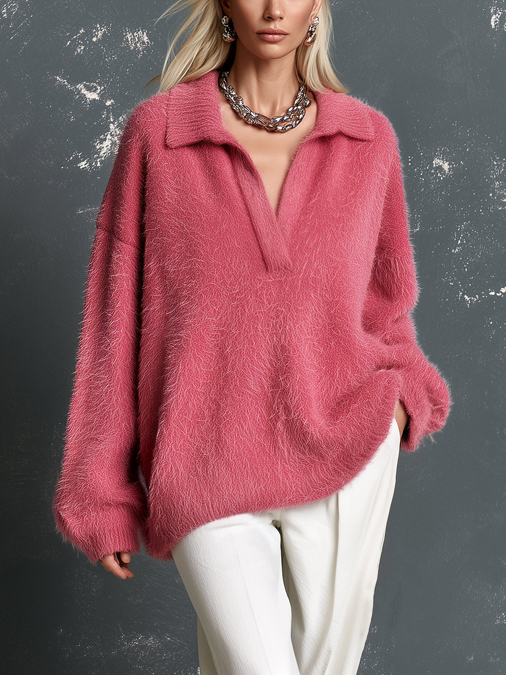 Chic Casual Hot Pink Lapel V-Neck Dropped-Shoulder Long-Sleeve Loose-Fit Soft Fuzzy Knit Polo Sweater