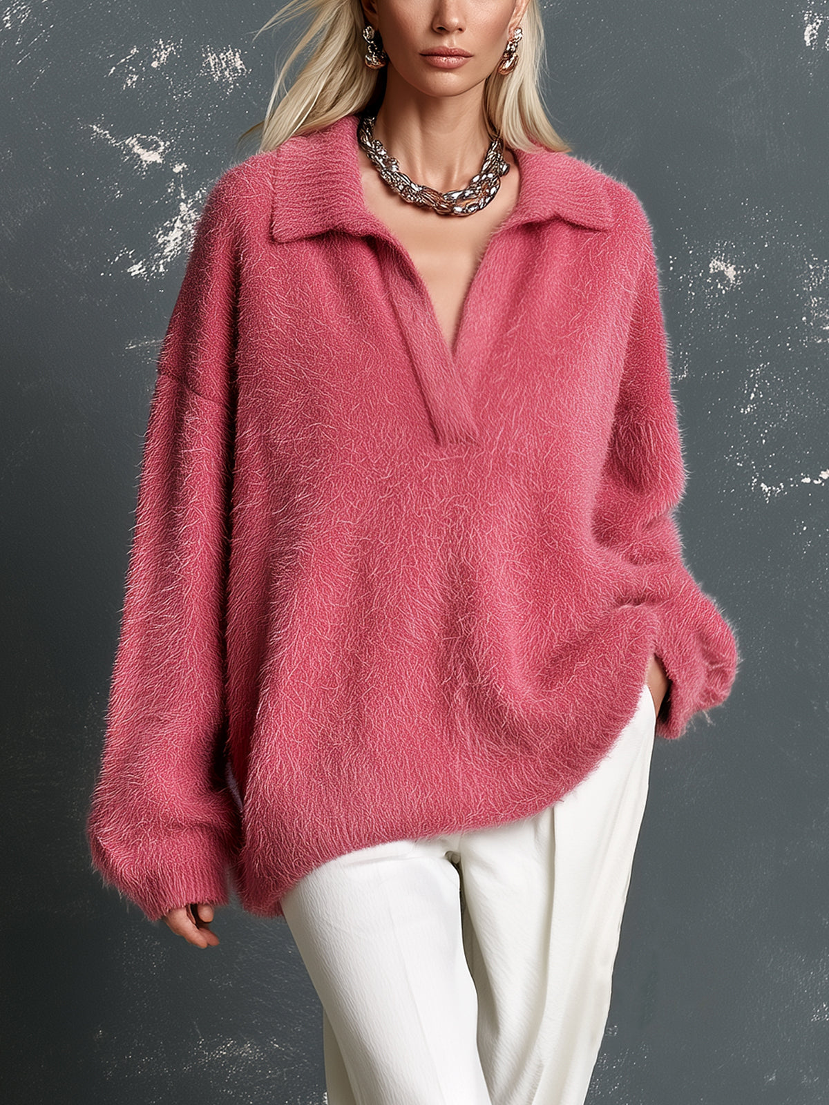 Chic Casual Hot Pink Lapel V-Neck Dropped-Shoulder Long-Sleeve Loose-Fit Soft Fuzzy Knit Polo Sweater