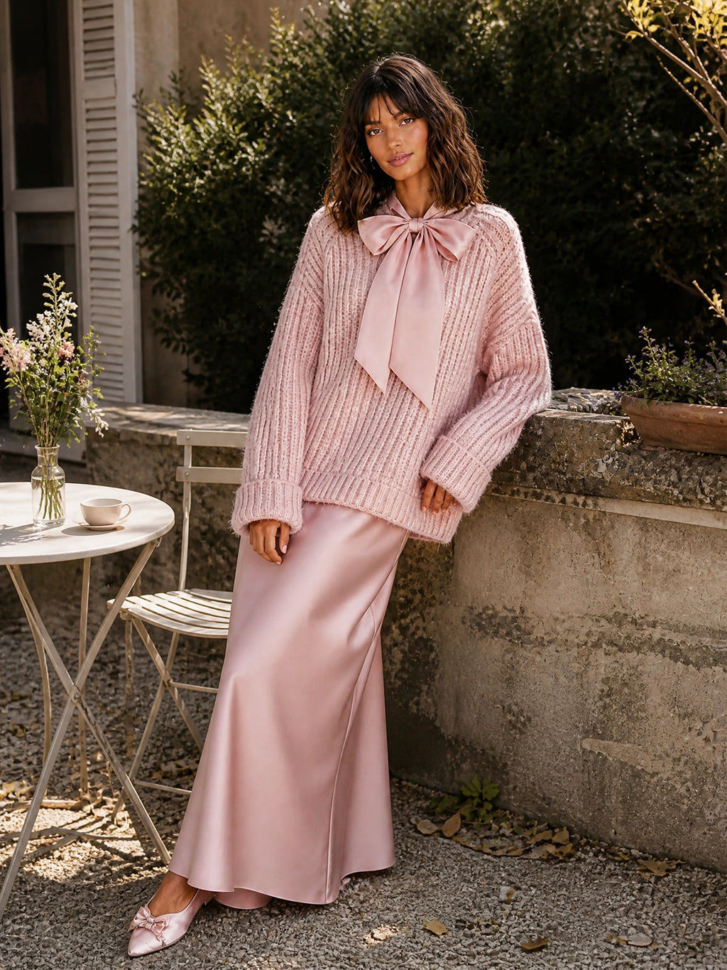 Chic Elegant Pink-Colored Tie-Neck Long-Sleeve Loose-Fit Ribbed Knit Sweater Satin A-Line Maxi Skirt Two-Piece Set