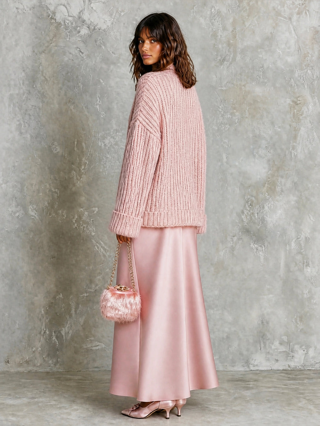 Chic Elegant Pink-Colored Tie-Neck Long-Sleeve Loose-Fit Ribbed Knit Sweater Satin A-Line Maxi Skirt Two-Piece Set
