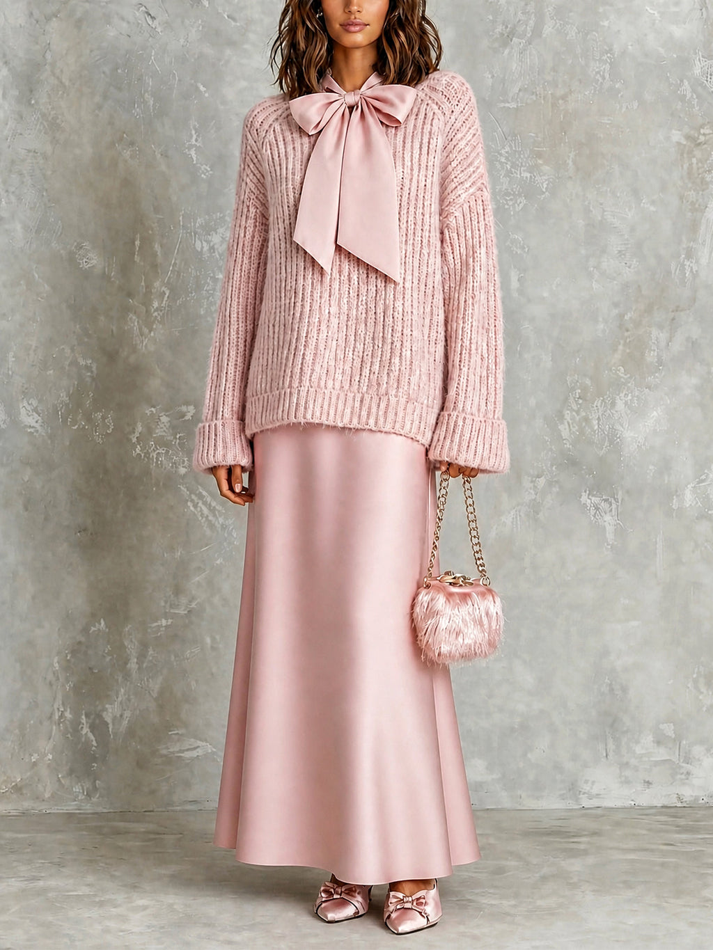 Chic Elegant Pink-Colored Tie-Neck Long-Sleeve Loose-Fit Ribbed Knit Sweater Satin A-Line Maxi Skirt Two-Piece Set