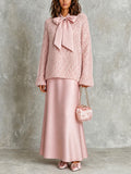 Chic Elegant Pink-Colored Tie-Neck Long-Sleeve Loose-Fit Ribbed Knit Sweater Satin A-Line Maxi Skirt Two-Piece Set