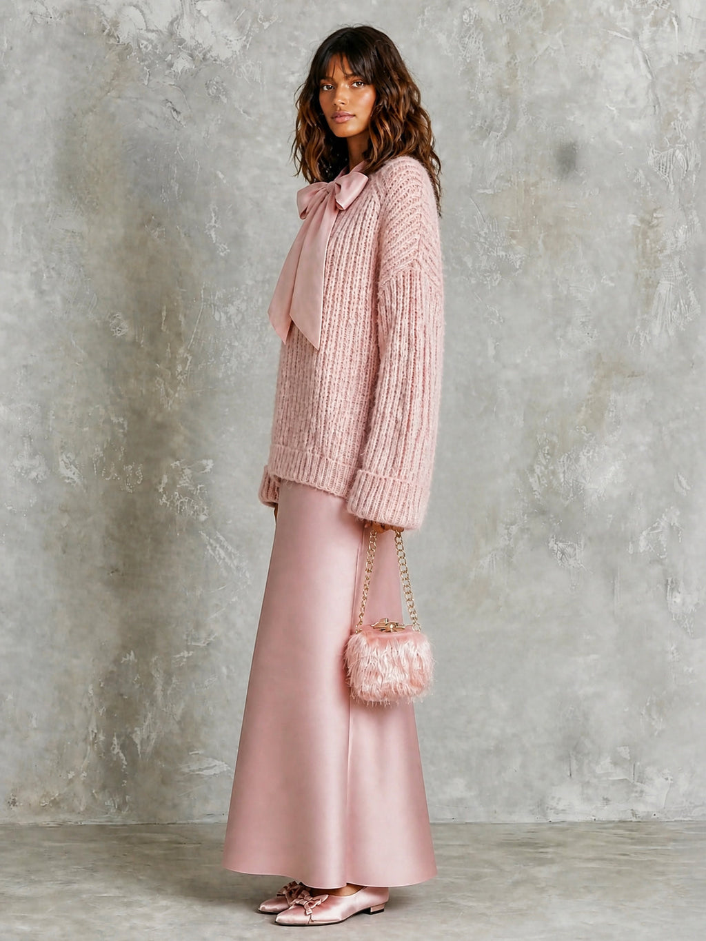 Chic Elegant Pink-Colored Tie-Neck Long-Sleeve Loose-Fit Ribbed Knit Sweater Satin A-Line Maxi Skirt Two-Piece Set